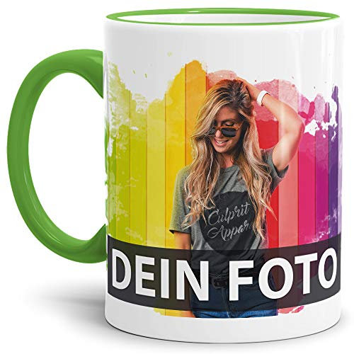 Tasse selbst individuell gestalten/Personalisierbar mit eigenem Foto Bedrucken/Fototasse/Motivtasse/Werbetasse/Firmentasse mit Logo/Rand & Henkel Hellgrün