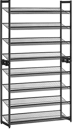 SONGMICS Shoe Rack, 8-Tier Stackable Shoe Storage Shelf, Metal Shoe Organiser with Adjustable Flat or Angled Shelves, 30.5 x 92.3 x 163.4 cm, Holds 32-40 Pairs, Black LMR08B