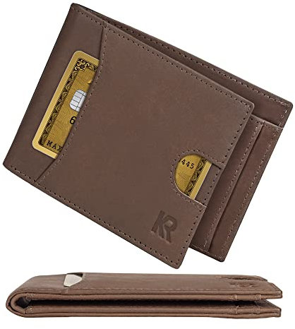 KRONIFY Leder Geldbörse Herren Echtleder Geldbeute, Slim Wallet mit Münzfach RFID, Portemonnaie fur Karten & Munzen, 9 Kartenfächer für Männer Brieftasche Wallet Portmonee (Kein Clip, Braun)