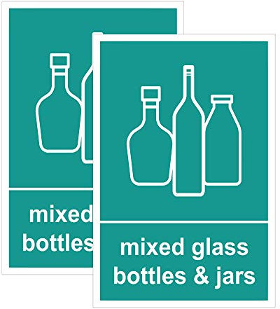 Pack of 2 Mixed Glass Bottles & Jars Recycling Bin Sticker-Self Adhesive Bin Labels (or) decals(A6-150 x 100 mm) Sara Prints V1064