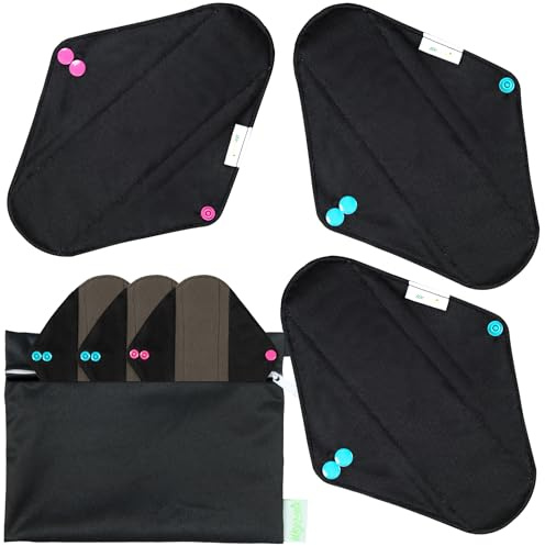 wegreeco Charcoal Reusable Menstrual Pads - Reusable Sanitary Pads | Reusable Panty Liners | Soft Cloth Menstrual - 6 Pack with 1 Cloth Mini Wet Bag (Medium, Black)