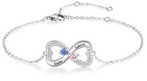 XiXi Personalisierte Armband Silber 925 mit 1/2/3 Namen und Geburtsstein Gravur Einstellbar Herz Armbänder für Mutter Tochter Damen Geschenk für Valentinstag Geburtstag Muttertag (2 Herz)
