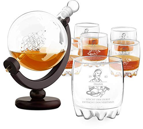Maverton Whisky Karaffe mit Gravur, Globus mit Schiff, 850 ml + 6 Gläser | 6Er Whiskygläser Set, Whisky Dekanter, Geschenk zum Geburtstag für Männer, personalisiert, Durstlöscher