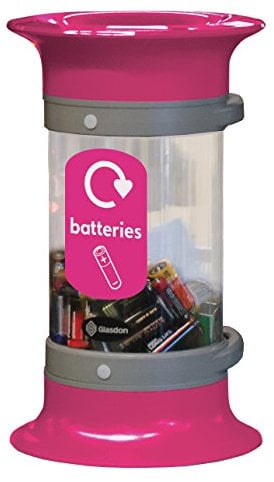 Glasdon C-Thru 5 L Battery Recycling Tube (4 Colours) – Small Battery Recycling Container – Compact 5 Litre Transparent Battery Collection Tube (Magenta, With Battery Graphic)