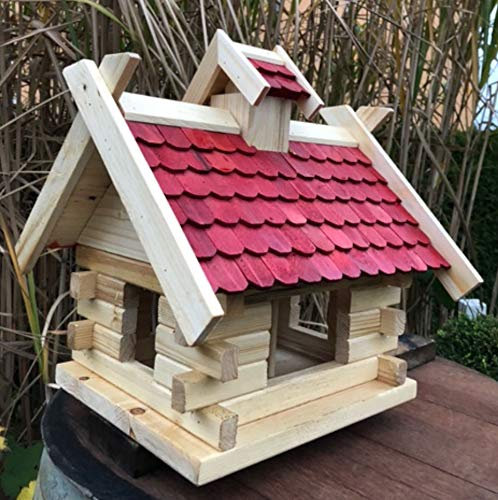 DARLUX Rechteckiges Vogelhaus M - XL wetterfest aus Holz Vogel Futterstelle Haus mit und ohne Ständer (Größe L ohne Ständer, Natur - Rot)