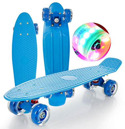 DFWYG Skateboard 56cm/ 22 Zoll Mini Cruiser Skateboard mit LED Light Up Rädern, Kunststoff Skateboard Board für Anfänger Teenager Erwachsene Kinder (mit All-In-One Skate T-Tool),Blau