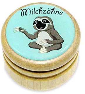 GICO Milchzahndose, Zahndose Milchzähne Bilderdose mit diversen Motiven aus Holz für Jungen und Mädchen mit Drehverschluss 44 mm (Faultier)