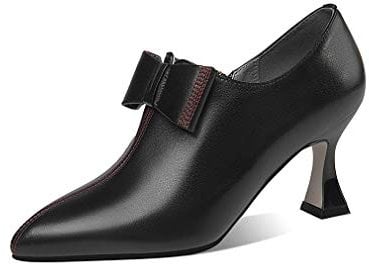 TinaCus Women's Genuine Leather Handmade Pointed Toe High Stiletto Heel Side Zip Up Pump Shoes with Bow, Black, 6.5 UK