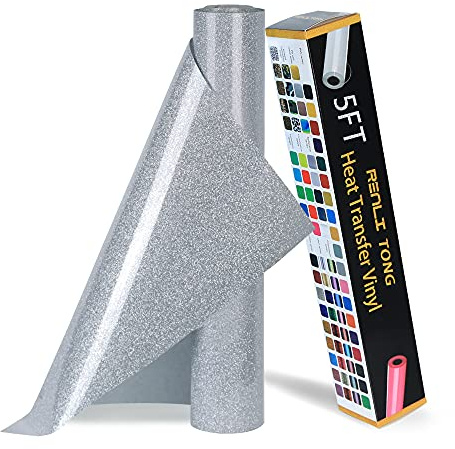 RENLITONG Silver Glitter HTV Heat Transfer Vinyl Rolls - 12 Inch x 5 feet Iron on Vinyl for T-Shirt and Silhouette, Easy to Cut & Weed for Heat Transfer Design (Glitter Silver)