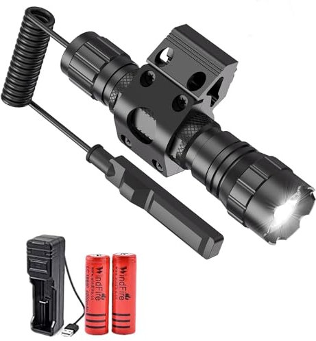 WINDFIRE 501B Torcia LED tattica 50000 lumen Luce da caccia a LED nera opaca con supporto Picatinny, batterie ricaricabili e pressostato incluso Torcia elettrica per la caccia all'aperto