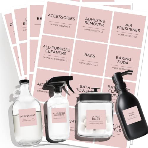Minimalistisches Waschraum-Etiketten-Set, v2croft 144 vorgedruckte matte Vinyl-Hausorganisations-Aufkleber für Waschküche, Wäscheschrank, Badezimmer, Reinigungsmittel, wasserdichte Aufkleber (Rosa)