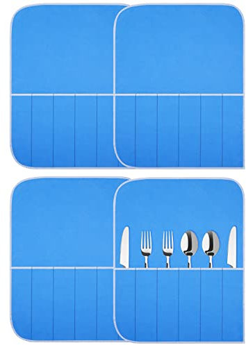 Weewooday Silver Storage Bags Anti Tarnish Silver Protector Bags Blue Holder for Silverware Flatware Storage Organizer Cloth Place Setting Roll with White Ribbon for Teaspoon Utensils(4 Pieces)