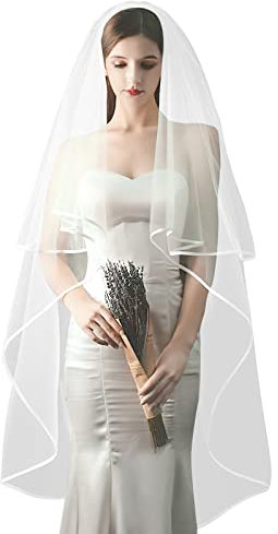 Brautschleier 2 Schichte Schleier mit Kamm Hochzeit Braut Softtüll Weiß Ivory Lang Tüll mit Satinkante Kirche Braut Haarschleier Haarschmuck Vintage Hochzeitschleier Feintülle Hochzeit Bräute Zubehör