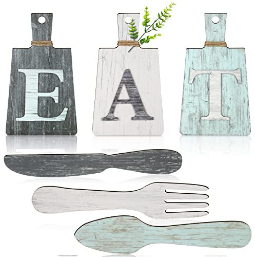 6 Stück Eat Schild Küche Dekorationen Wand Schneidbrett Eat Schilder Küche Dekor Gabel Löffel und Messer Holz Wand Dekor Rustikale Bauernhaus Küche Wand Kunst (Frische Farben)