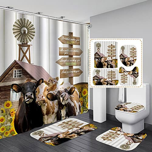 Jayden Madge Duschvorhang-Set, lustige Kuh, inspirierende Zitate, Landhausstil, Vintage, Scheune, Windmühle, niedliche Rinder-Ranch, Bauernhoftiere, rutschfeste Badematte, Smile Breathe Live