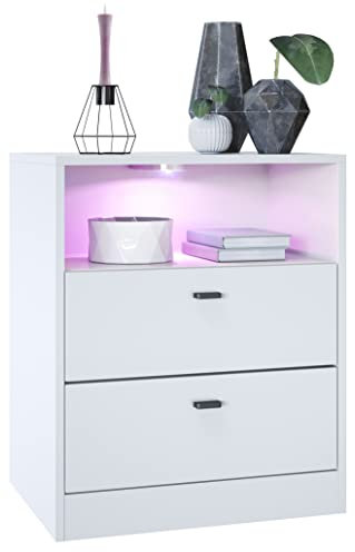 Vladon Kommode Pino V1, Made in Germany, Nachttisch mit 2 Schubladen & 1 offenem Fach, Weiß matt/Weiß matt mit LED RGB (56 x 67,5 x 36 cm)
