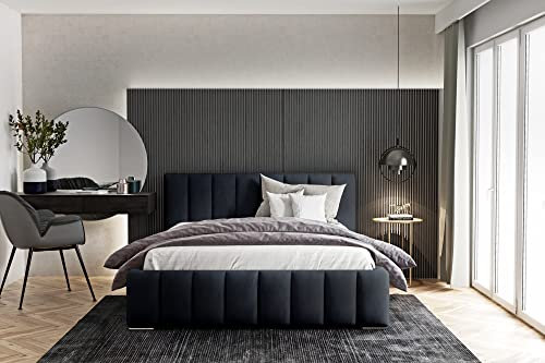 WFL GROUP Samtstoff Polsterbett Doppelbett Komplett 140x200 160x200 180x200 cm Bettgestell Mit Bettkasten Lattenrost und Kopfteil - Hydrophobe Stoff - Schwarz - 180 x 200 cm