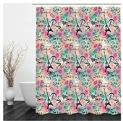 Aotiwe Duschvorhang Rüschen, Vintage Duschvorhang Lippenabdruck und Turm Grün Rosa 150X200cm für Badezimmer