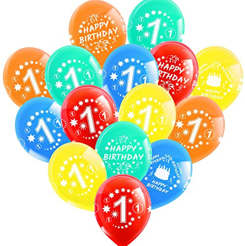 15 Luftballons 1. Geburtstag • Ballons Bunt Zahl 1 und Happy Birthday • 4 Seiten Druck • 5 Farben Rot, Gelb, Grün, Blau, Orange • Helium geeignet • Deko Geburtstag 1 Jahr • 100% Latex