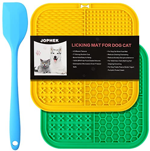 JOPHEK Hunde Leckmatte 4 Formen, 2 Stück Schleckmatte Katzen, Slow Feeder Hunde Treat Matte Leckpads, BPA Frei für Hundebaden, Trainieren, Fellpflege(Gelb + Grün)