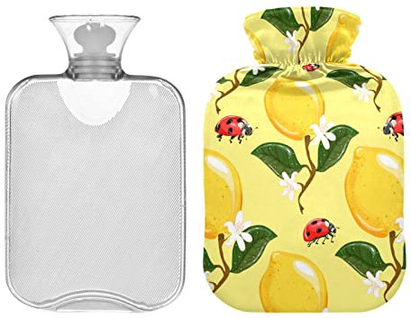 Mnsruu Bouillotte avec housse souple, jaune citrons coccinelle, excellent cadeau pour femmes, enfants, Noël, 2 l