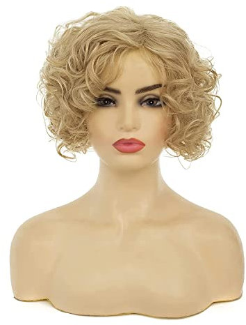 Kurze lockige Haare hell blonde Frauen Perücke flauschig lockig natürliche synthetische hitzebeständige Cosplay Kostüm Perücke mit Perücke Mütze