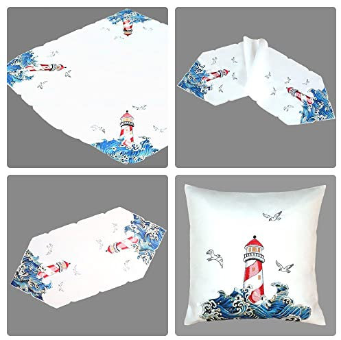 Tischdecke Mitteldecke Tischläufer Kissenhülle Maritime Stickerei / Applikationen Wellen und Leuchtturm blau Weiss (40 x 140 cm)