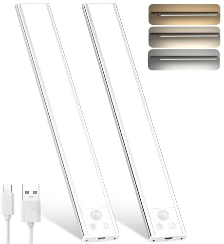 OUILA Under Cabinet Kitchen Lights, 3 Color Dimmable 52 LED Motion Sensor Lights Indoor, 1800mAh USB-C Rechargeable LED Lights for Cupboard, Kitchen (3 Color Temperature, 31cm - 2 Pack)