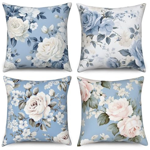 ASDCXZ Blumen Kissenbezug 40x40 cm 4er Set, Vintage Weiß Rose Blumen Blätter Blau Sofa Dekokissen Kissenbezüge Kissenhülle Waschbar Polyester Flachs Textil Outdoor Kopfkissenbezug Kissen Bezug