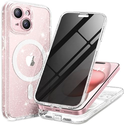 TIESZEN Magnetische Handyhülle für iPhone 15 Plus, staubdichtes Design, kompatibel mit Magsafe, integrierter Sichtschutz und 9H-Hartglas-Displayschutzfolie + 2 x Kameraobjektivschutz, glänzend klar