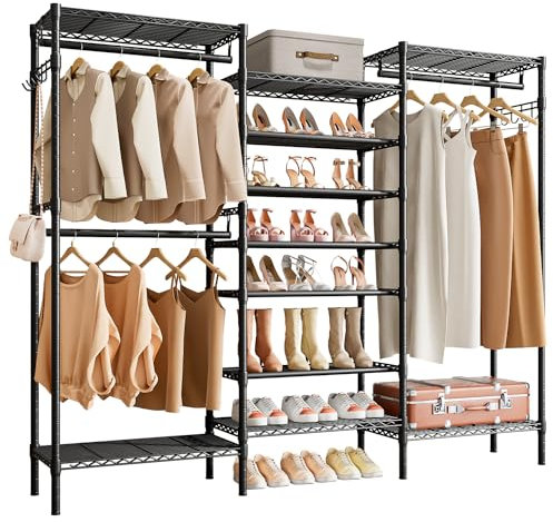 KZOBYD Kleiderständer, Multifunktional Garderobenständer mit Höhenverstellbaren Einlegeböden, Schwerlast Kleiderstange mit Schuhablage Metall Kleiderbügel Kleiderschrank mit Haken (Schwarz)