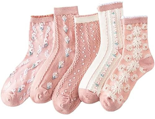 Sumleno 5 paia di graziosi calzini con volant floreali per donne e ragazze Kawaii Cutecore cotone volant calzini Cottagecore vestiti, Rosa, 5-10