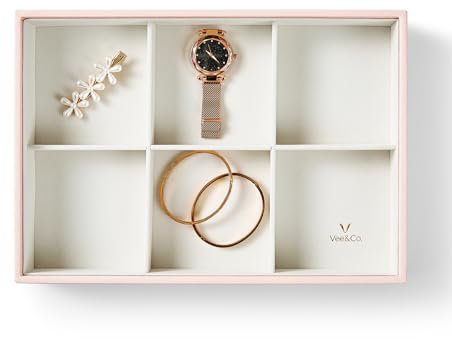 VEE&CO. Schmuckhalter, Organizer, Tablett, 6 Fächer, Rosa, Schmuckkästchen und Organizer, Ohrring-Aufbewahrungs-Organizer mit Glasdeckel, für Armreif, Anhänger, Brosche, Uhr, Geschenk für Frauen und