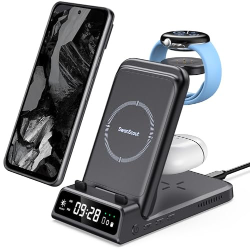Wireless Charger Stand for Google Pixel Watch 3/2, 3 in 1 Charging Station for Google Pixel 9 Pro/9 Pro XL/9/8 Pro/8a/8/7a/Fold/7/7 Pro/6/6 Pro, Pixel Buds Pro 2, SwanScout 703G2