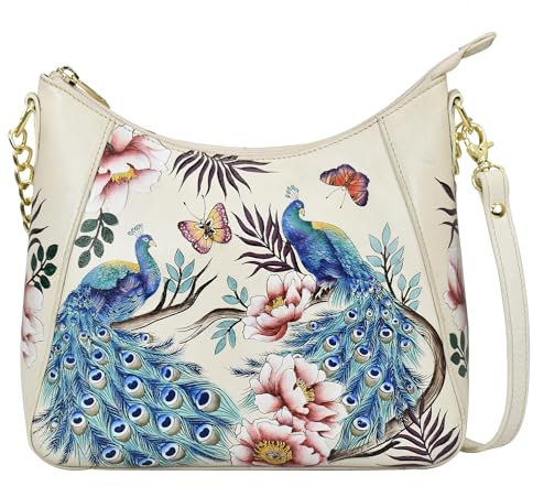Anuschka Damen Leder Hobo Bag mit Reißverschluss - Handbemalte Schultertasche - Pretty Peacocks