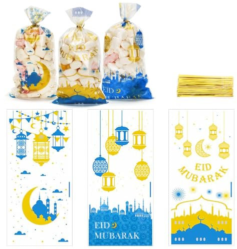 105 Stücke Eid Mubarak Leckerli-Taschen mit drehbarer Krawatte, Partygeschenktüten, Eid Mubarak Geschenktüten aus Kunststoff Für Ramadan Und Eid Mubarak Dekoration