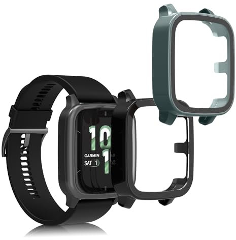 kwmobile 2X Custodia Rigida Smartwatch Compatibile con Garmin Venu Sq 2 Music/Sq 2 Cover - Case Vetro Temperato Orologio Fitness - Nero/Verde