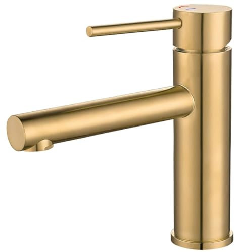 VALAZ Grifo Lavabo Oro Mate | Grifo Monomando Lavabo, Apertura en Frío, Agua Fría y Caliente, Ahorro de Agua | Instalación Facil | Latón, Inoxidable, Elegante, Redondo, Caño Recto, Serie Nansa