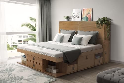 Bett mit Stauraum 160x200 + Funktions-Kopfteil + Lattenrost: Set Bali Oak. Doppelbett und Kopfteil aus massiv Holz Kiefer mit viel Stauraum und Bettkasten, ideal f. kleine Schlafzimmer