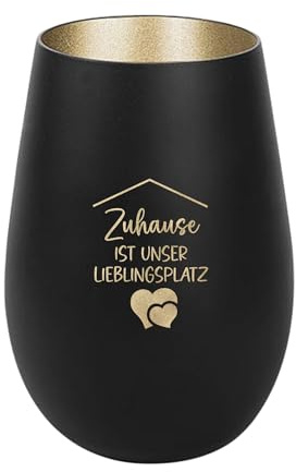 Der-Porzellan-Laden Windlicht mit Gravur Zuhause ist unser Lieblingsplatz, Schwarz Gold, Teelichthalter aus Glas mit Spruch, Tischdeko modern