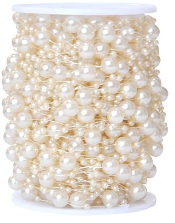 JVHLOV 30m Perlengirlande, Perlenband Perlenkette Deko, Perlenschnur Schöne, Angelschnur Perlen Girlande, für Hochzeits DIY Handwerk Braut Haarschmuck Brautstrauß Partydeko Geburtstag (Beige)