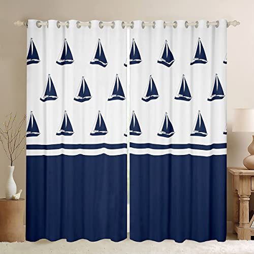 Homewish Nautical Sailboat Curtains 66Wx72L - Coastal Sailing Boat Yacht 30%-50% Blackout for Bedroom - Sea Adventure Drapes - Blue and White Navy Ocean Theme Decor
