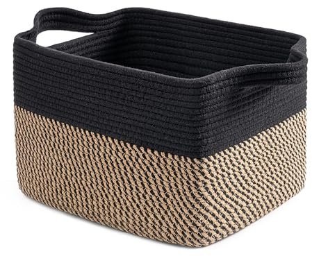 TIMEYARD Aufbewahrungskorb, Wäschekorb Klein, Korb Geflochten mit Henkel für Wäsche Baby Spielzeug, Korb für Kinderzimmer Badezimmer Dekoration Wohnzimmer, 1 Stück, 33x25x23 cm, Schwarz