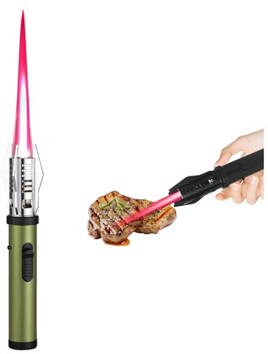 Accendino a gas butano, antivento, in metallo, con fiamma dritta, regolabile e ricaricabile, per campeggio, barbecue, cucina (verde)