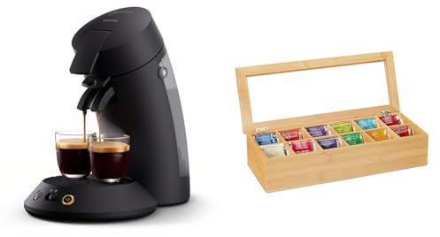 Philips Senseo Original Plus Kaffeepadmaschine & Relaxdays Teebox, Bambus, 12 Fächer, Teekiste mit Sichtfenster, Organizer für Teebeutel, HxBxT: ca. 9x41x16 cm, natur