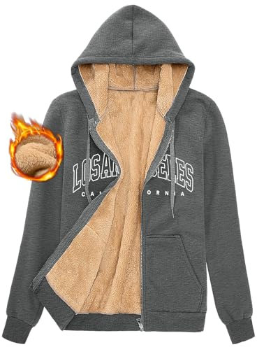 FemiChic Felpa Donna con Cappuccio Giacca Invernale Foderata in Pile Calda Felpe con Zip Morbido Cappotto Classico Los Angeles Giubbotto a Maniche Lunghe Sweatshirt S-2XL(Grigio Scuro,XL)