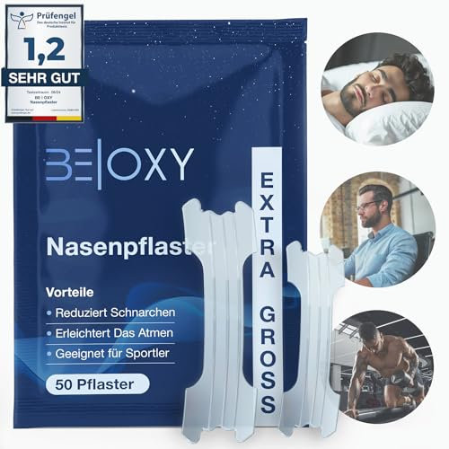 BE|OXY 50x Nasenpflaster gegen Schnarchen, Schnarchstopper extra groß u. stark | Nose-Stripes Nasal-Strips Anti-Schnarch-Pflaster transparent | Nasenstrips geeignet f. Sport, besser Schlafen u. atmen
