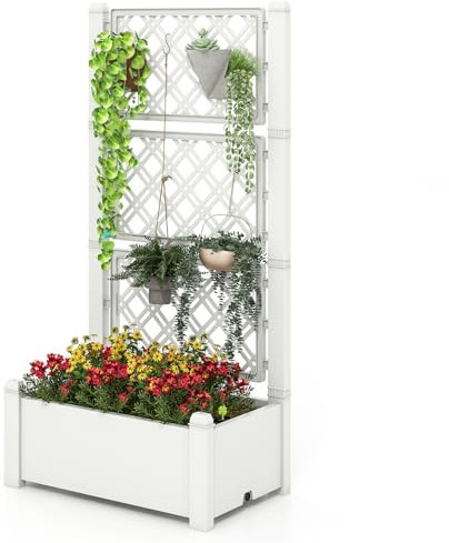 HOMASIS Fioriera con Grigliato a 3 Livelli, Fioriera da Esterno con Traliccio con Altezza Regolabile, Fioriera Rialzata Indicatore di Livello dell'Acqua/Foro di Drenaggio, 76 x 45 x 150 cm (Bianco)