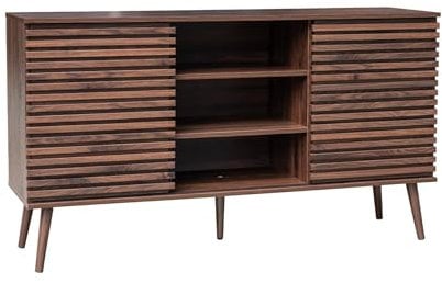 sweeek - Buffet scandinave décor Bois Noyer avec 2 Portes coulissantes rainurées et 4 étagères. Buffet Bas. L 140cm