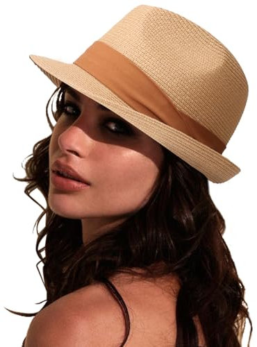 DRESHOW Damen Panama Hut Breiter Krempe Stroh Sommer Fedora Strohhut Panama Aufrollen Hut Strand Rollbar UV Sonnenhut UPF 50 +